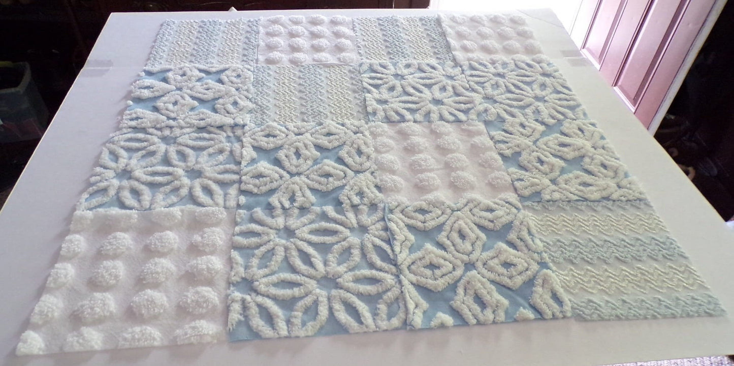 coastal winds vintage chenille fabric squares, set of 16 blue & white cotton 6" quilt blocks, nice texture for sewing, crafts, quilting
