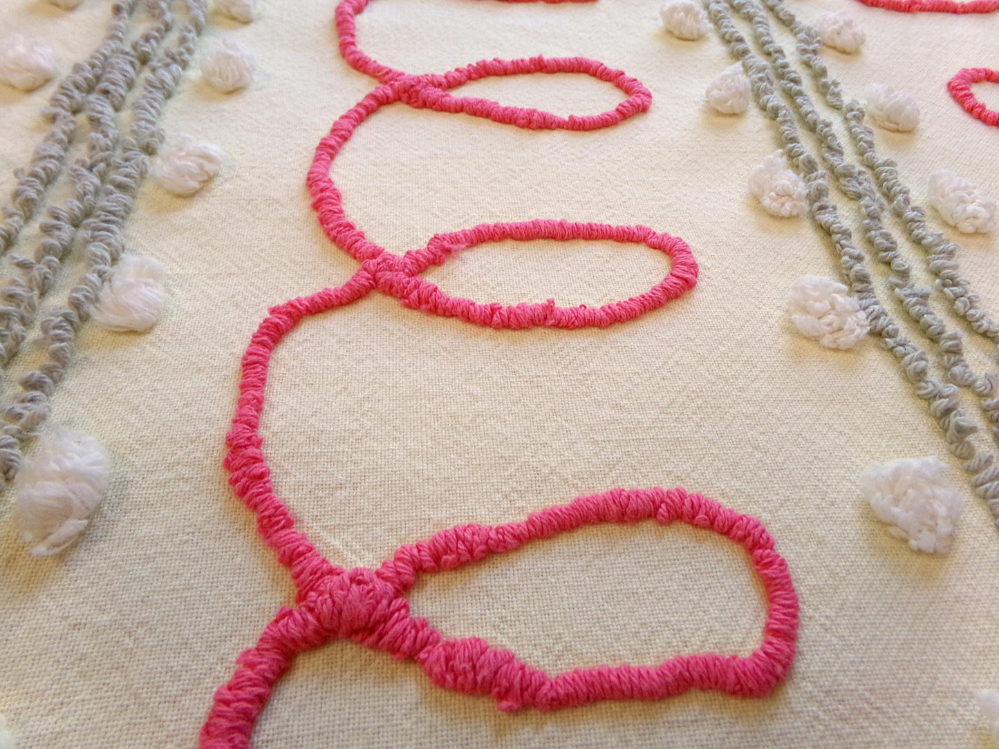 doodles & dots vintage chenille fabric, red loops w/ grep pops on buttery yellow, 20" x 24" cut piece