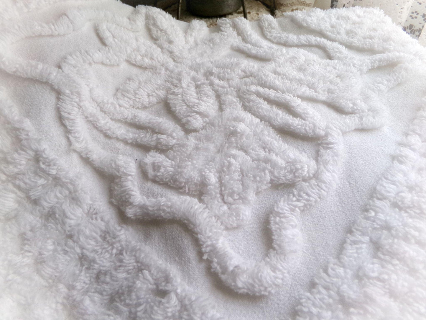 soft white lily chenille fabric, elaborate squiggle floral grid design, 20" x 25" inch piece shabby vintage cotton sewing & quilt material