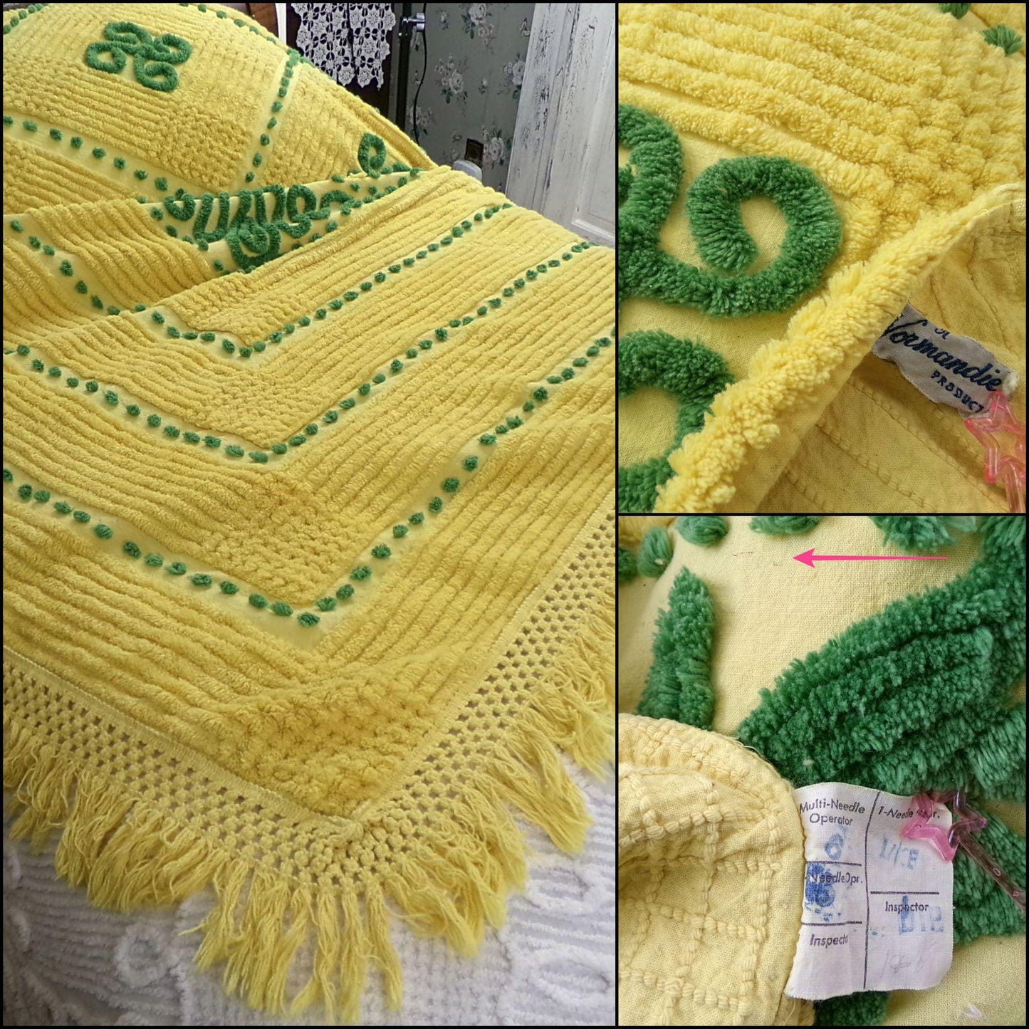lucky leprechaun vintage chenille bedspread in mischievous emerald green & sunny yellow, plush cotton full size bedding with fringe