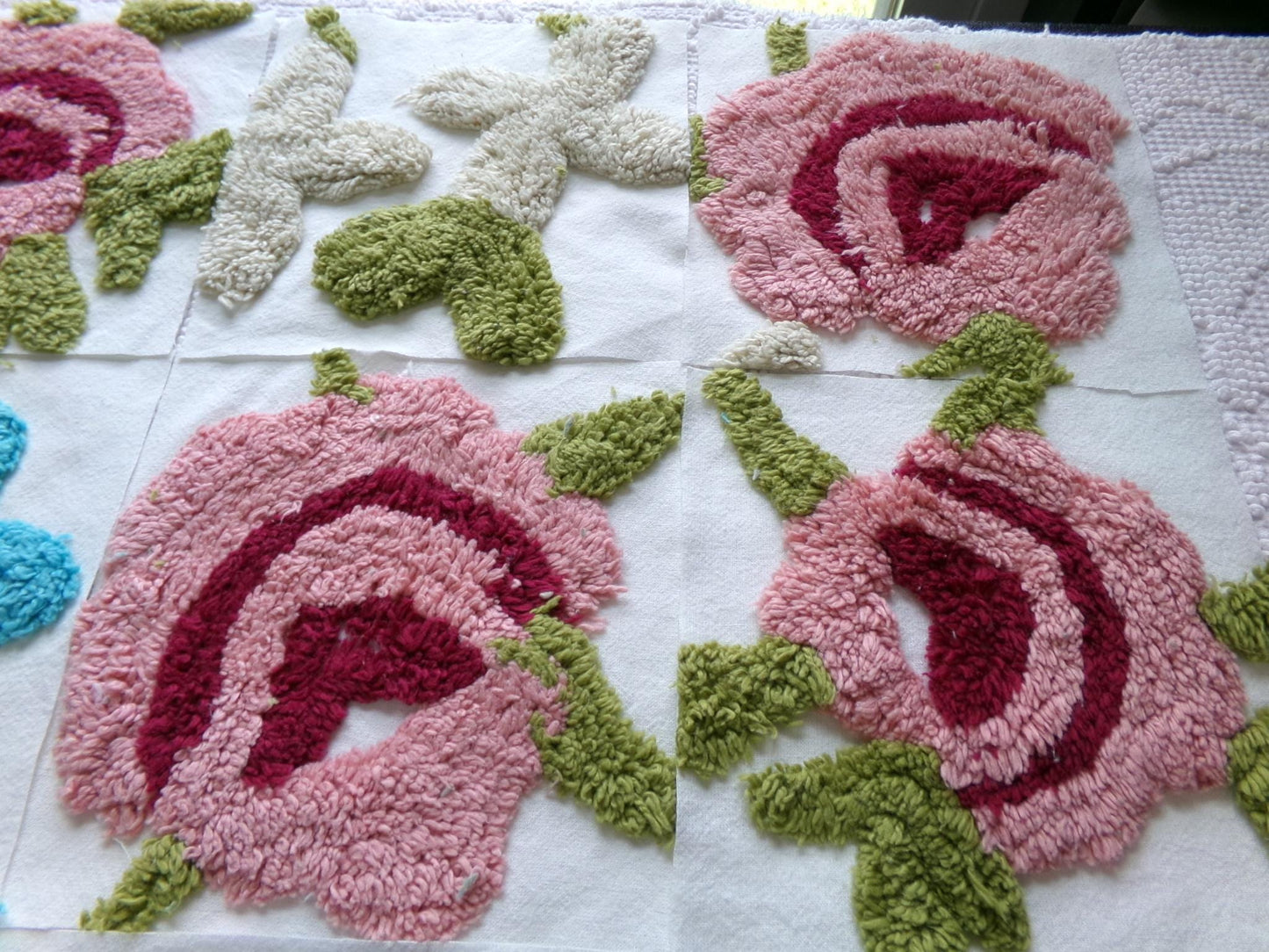 flower petals chenille fabric squares, set of 17 vintage style floral 6" craft blocks, pretty designs for quilt inlays, pillows, fiber arts