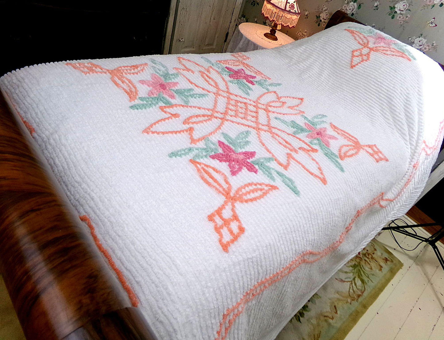botanical white chenille bedspread, pink lily flowers & citrus orange scrollwork, full size cotton bedding, great summer coverlet