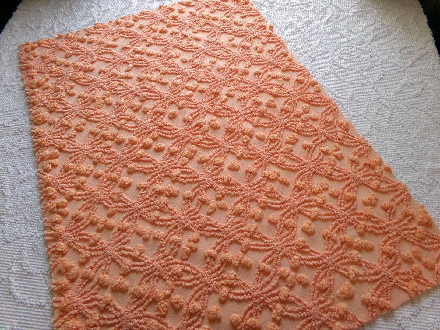 delicious peach vintage chenille fabric, 18" x 24" inch piece of cotton quilt & sewing material, overtufted pops wedding ring design