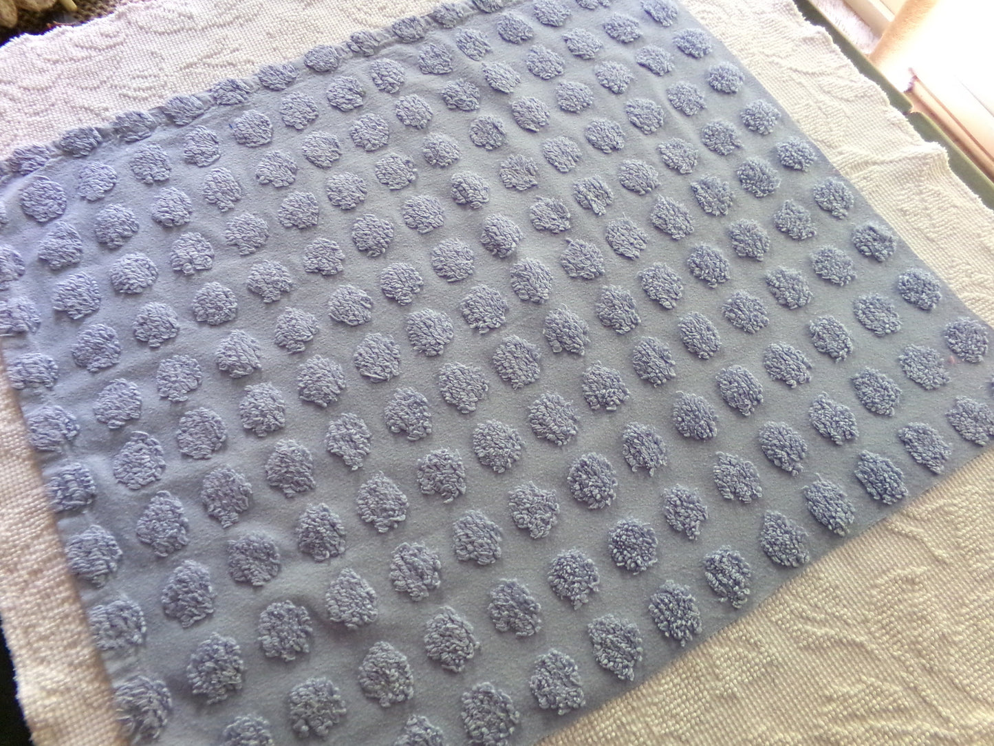 big blue coin pops chenille fabric, vintage style dots on serene blue cotton, 21" x 24" piece of sewing material for crafts & quilting