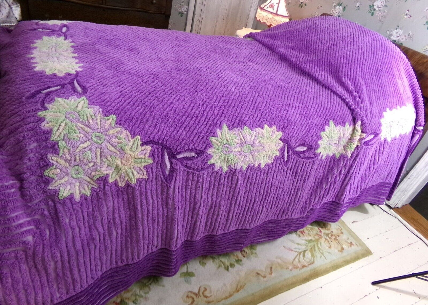 Plush Purple Passion Vintage Chenille Bedspread, Green Lily Floral Full Size Bedding