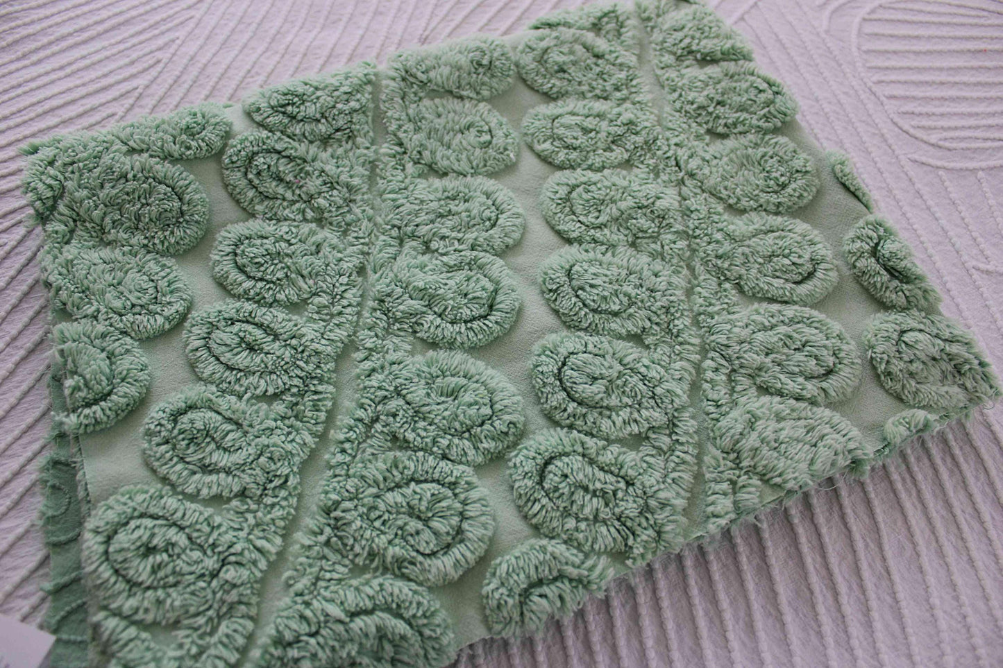 Fluffy Mint Ice Cream Swirl Vintage Chenille Fabric, Plush 20" x 26" inch piece in looping curlicues pattern