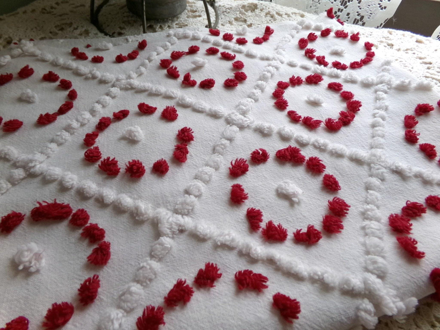 ruby red rings in white diamonds vintage chenille fabric, charming antique handtufted 20"x 25" inch piece of sewing & quilt material