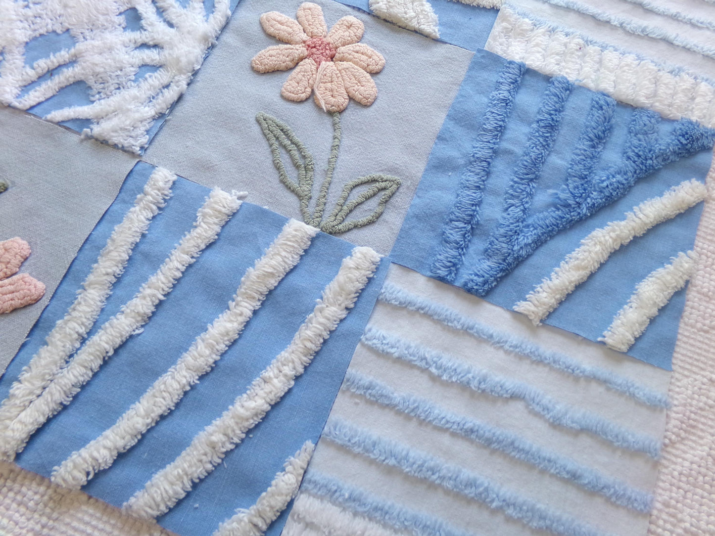 meadow skies vintage chenille fabric squares, set of 16 serene 6" quilt blocks, geometrics, daisy & lupine flowers for crafts, sewing