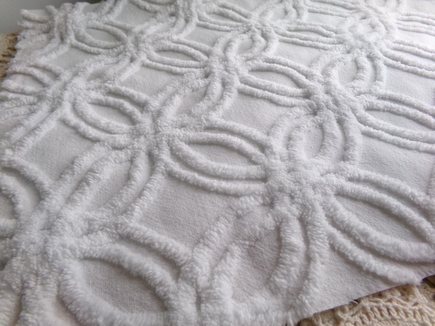 versatile white vintage chenille fabric, classic wedding ring design, 15.5" x 23" inch piece of sewing material for quilts, crafts