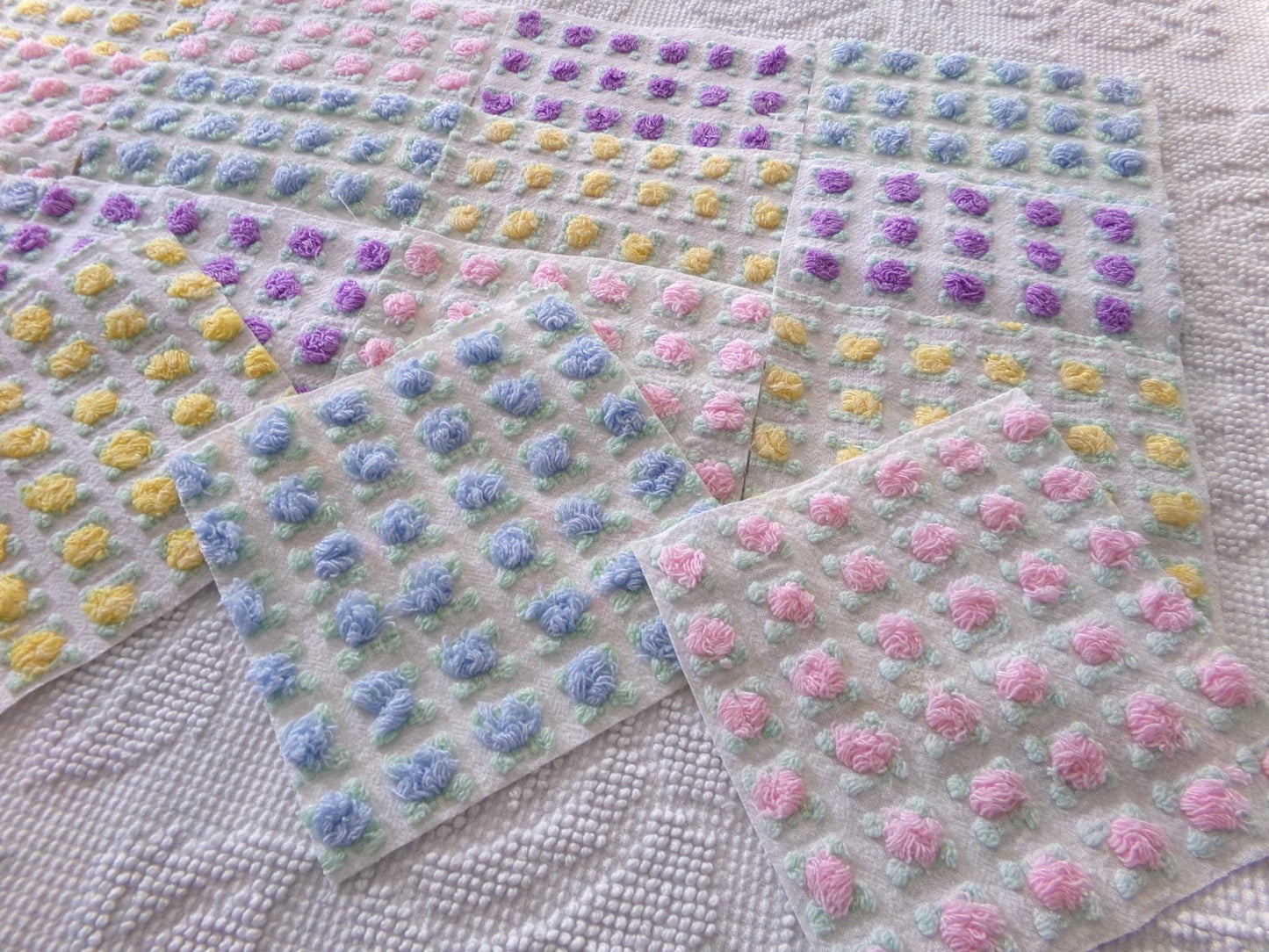 Premium Rosebuds Medley of chenille fabric squares, quilt square set cut from Vintage Chenille Bedspread Fabrics, 16 Blocks, 6" x 6" inch