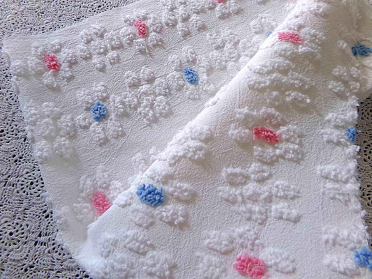 Cute Vintage Style Chenille Fabric, Y2K Daisy Pattern in White, Pink & Blue, 18" x 24" inch Piece, 100% Lightweight Cotton