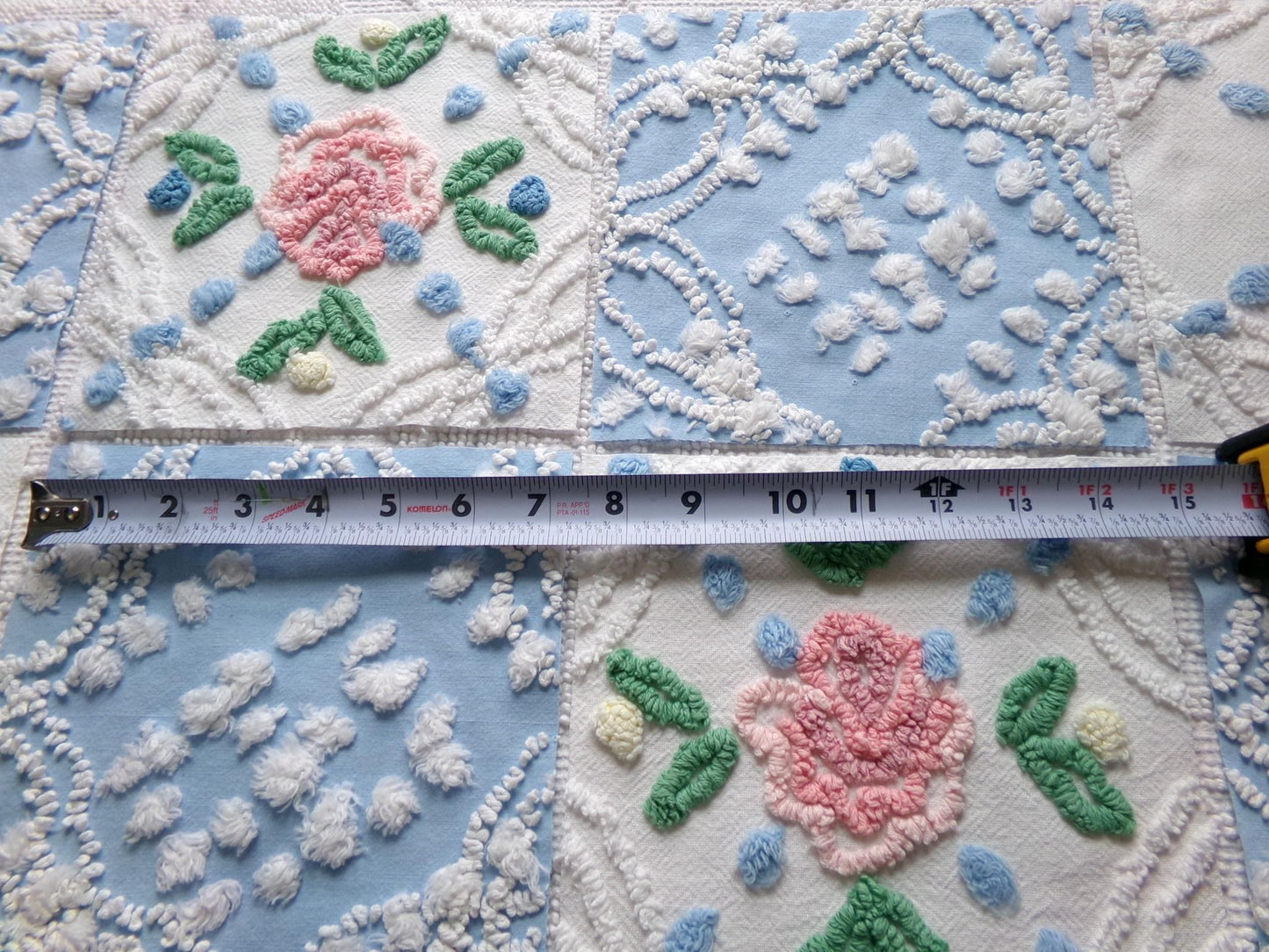 winter rose chenille fabric squares, set of 8 vintage 7.5" quilt blocks, blue & white geometric, pink floral for sewing, crafts, quilting