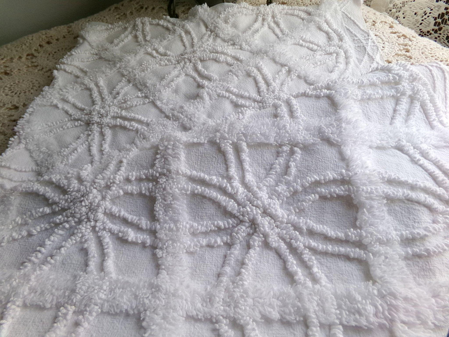 classy white chenille fabric, 3D windowpane webbing design, 20" x 25" inch piece of vintage sewing quilt material, versatile cool neutral