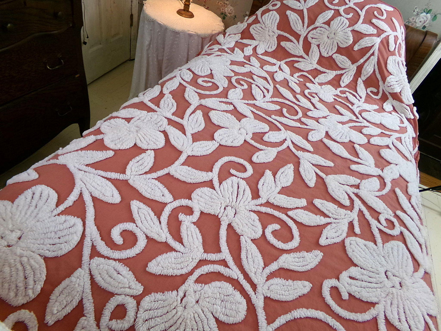 boho floral chenille bedspread, white climbing showy flowers on rusty terracotta vintage hippie 1970s style bedding