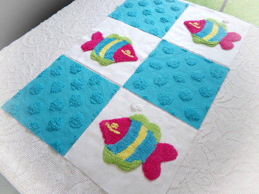 fish fiesta chenille fabric squares, set of 6 large 9.5" square quilt blocks, colorful fishies & bright coin dots