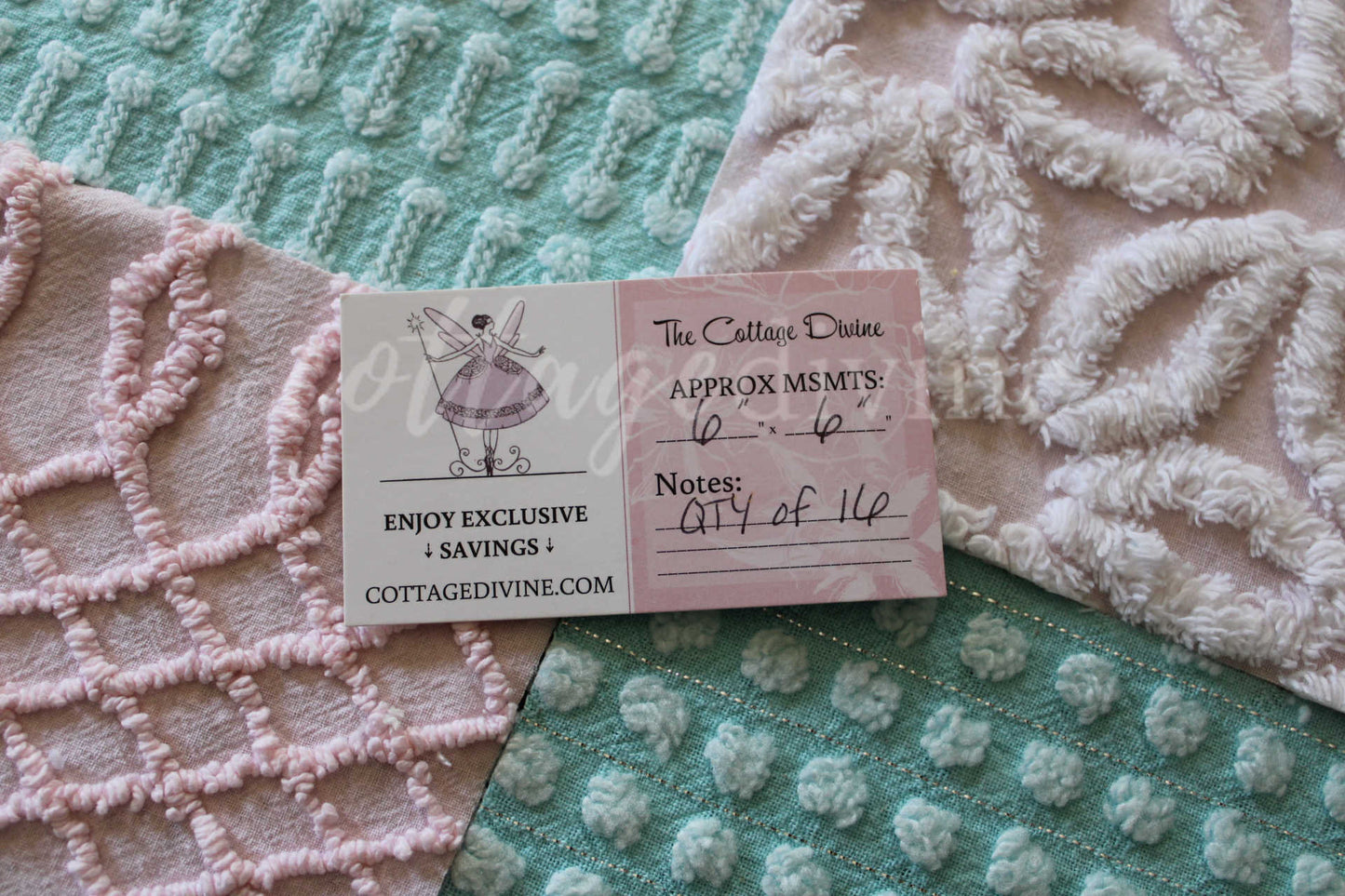 Pink & Aqua Chenille Quilt Squares Set, Rotary Cut from Vintage Chenille Bedspread Fabric, 16 Blocks, 6" x 6" inch each