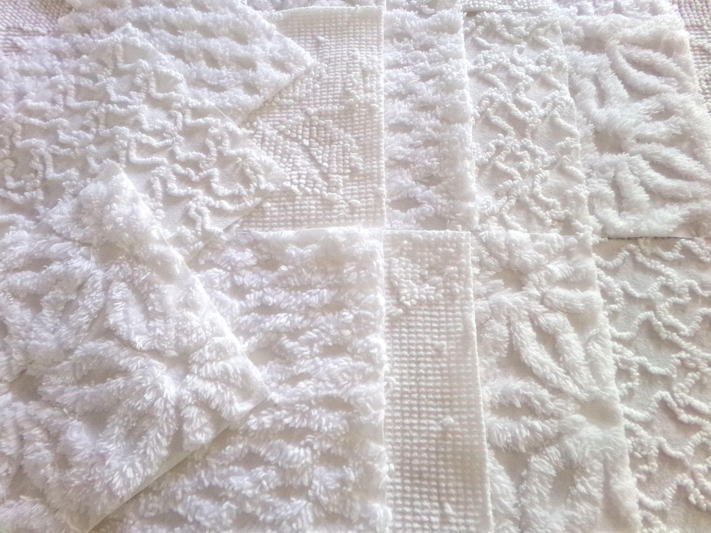 Snow Baby Chenille Fabric Squares Set of 16 White Quilt Blocks, 6" x 6" inches each, Diamond, Squiggle Daisy & Hobnail Texture Patterns
