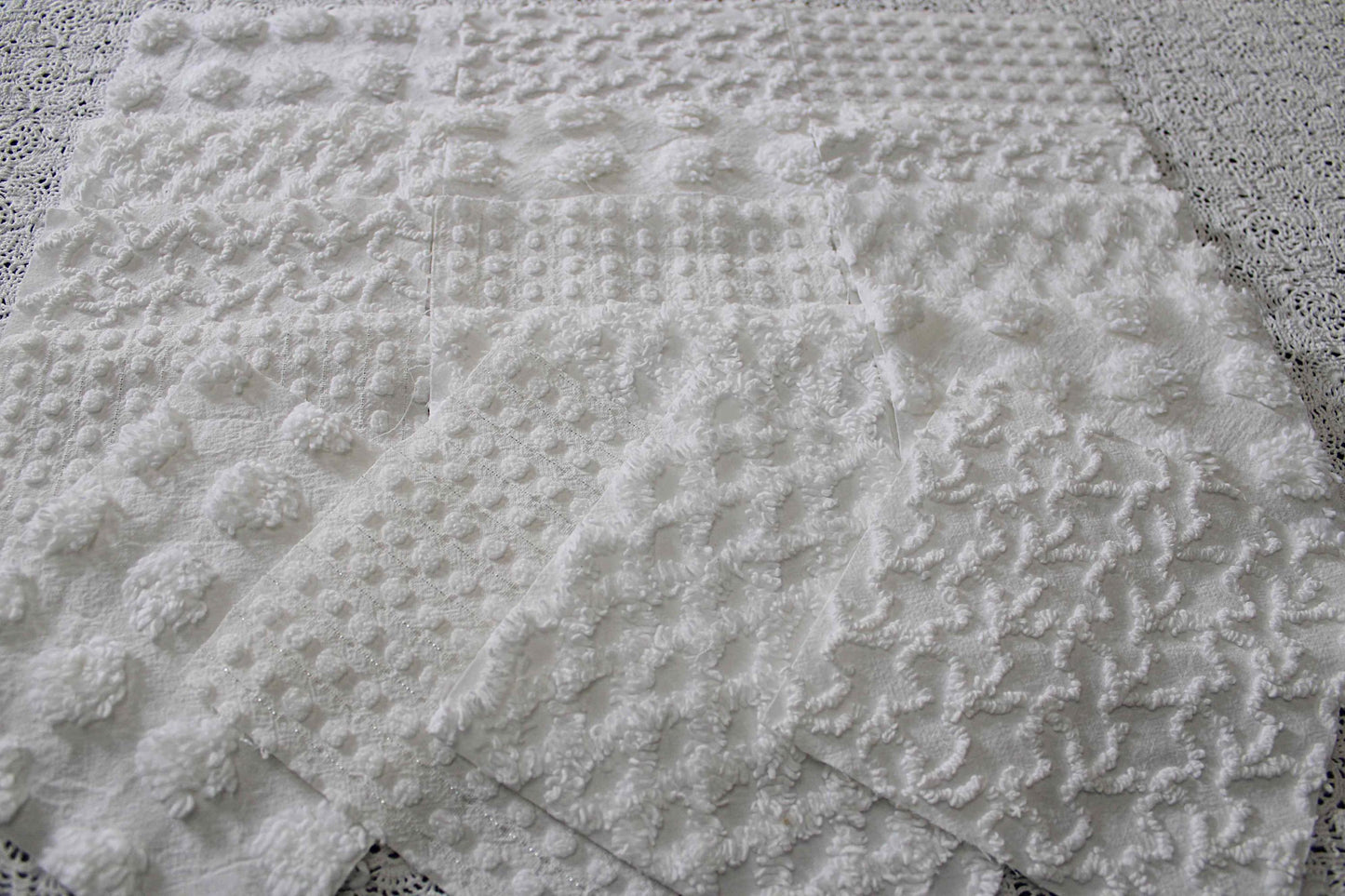 white chenille fabric squares in dynamic textures, coin dots, lattice, mini pop sparkle & squiggles, 16 vintage quilt blocks, 6" x 6" ea