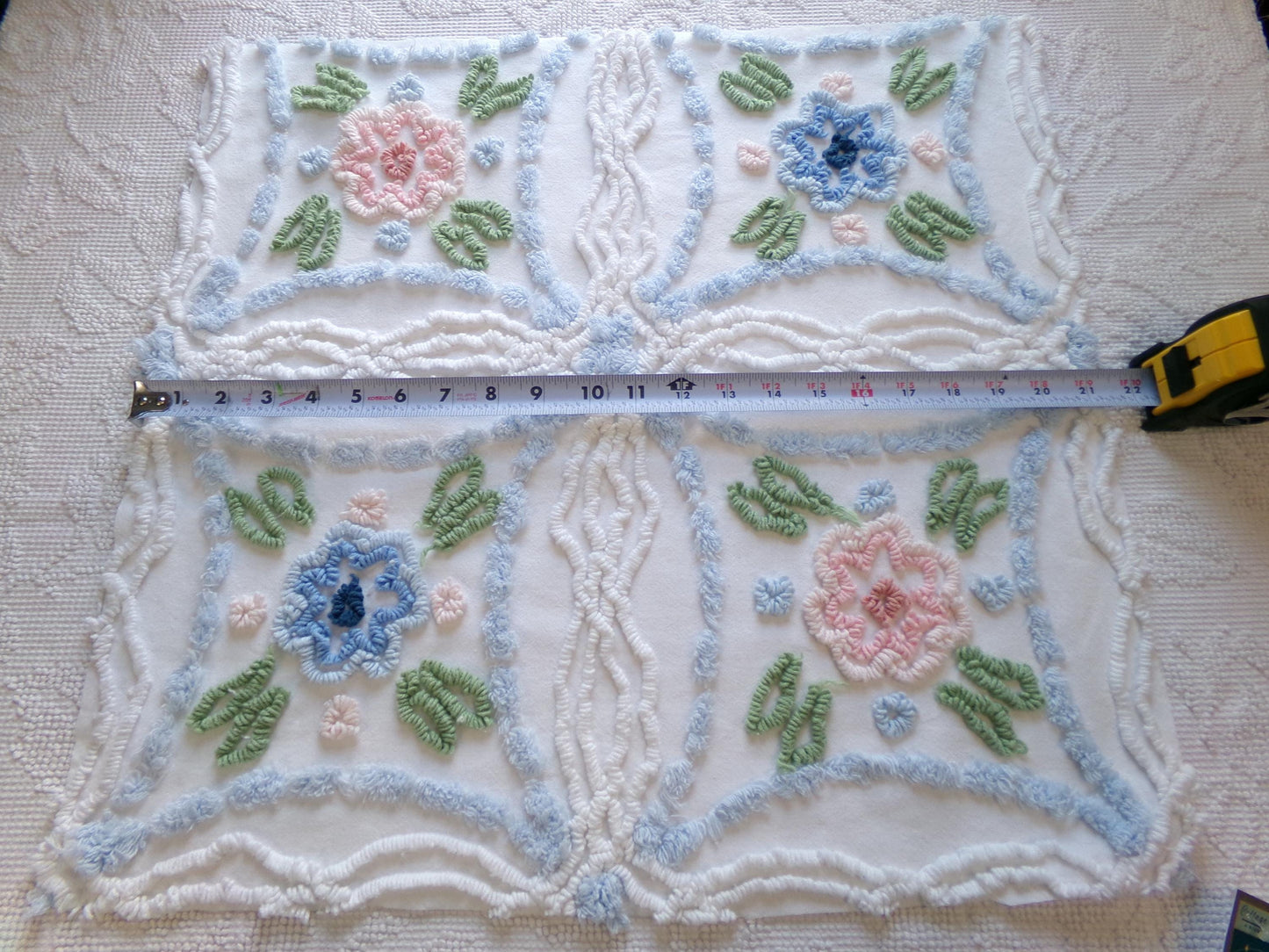 Country Cottage Chic Vintage Chenille Fabric, 20" x 21" Piece of Floral White Cotton Sewing Material, Upcycle into Pillows, Quilts