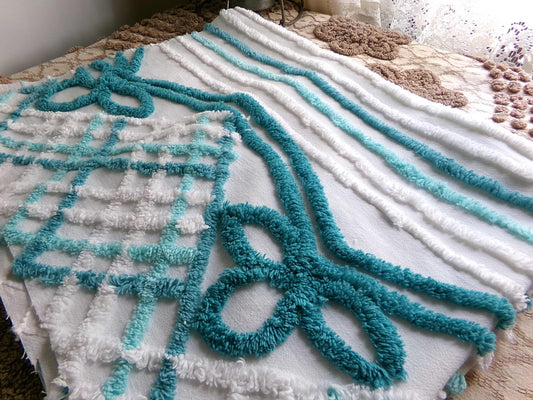 Pretty Vintage Chenille Fabric with Cottage Bow Swags, 24" x 25" inch Piece, 100% Cotton, Tonal Green & White