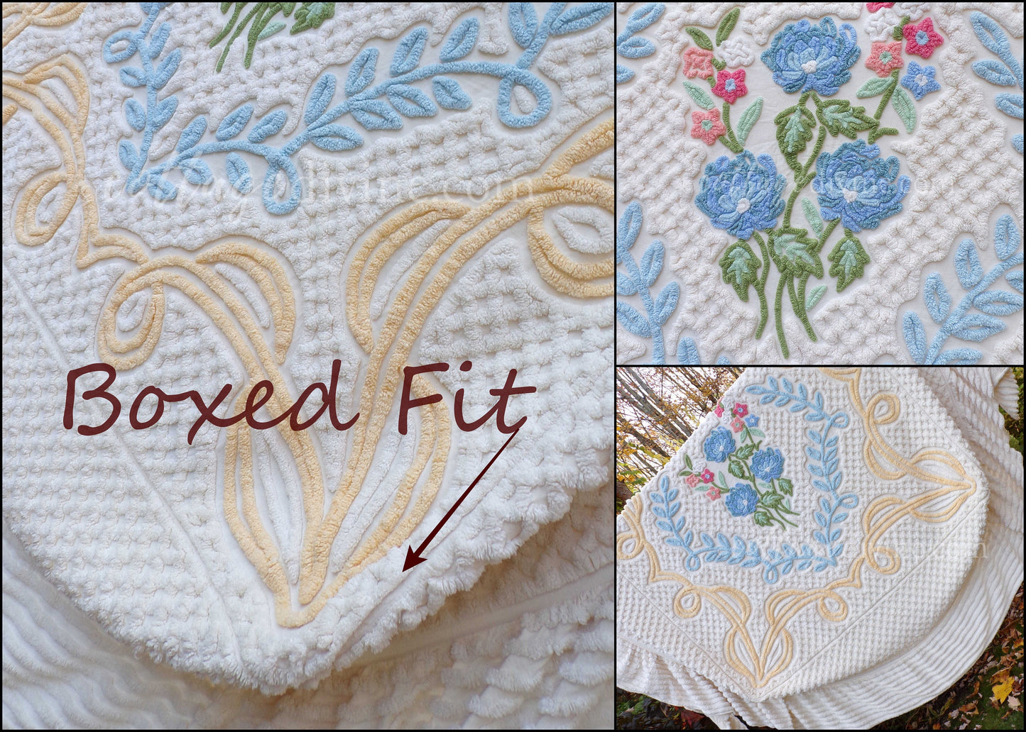 Luxury Buttercream Vintage Chenille Bedspread in Heirloom Garden Wildflowers, Full Size Boxed Fit Design with Ruffle Skirt