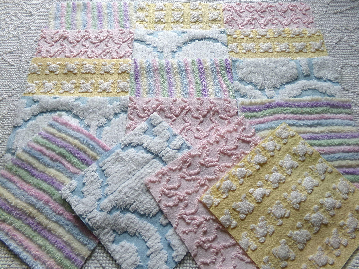 fairyland chenille fabric squares, 16 vintage 6" quilt blocks in pastel rainbow, pink & yellow rosebud, for sewing, crafts, fiber arts