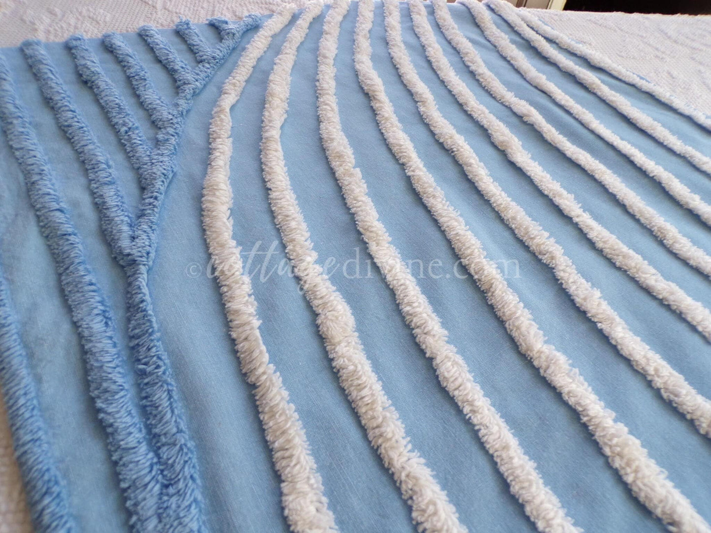 Beach Cottage Blue & White Vintage Chenille Fabric Piece, 19" x 29" inches, Ideal in Quilts and Pillows