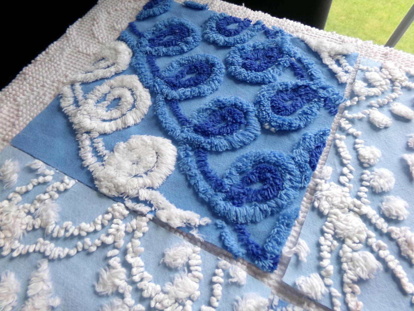 starry mystic chenille fabric squares, set of 8 vintage 7.5" quilt blocks, twilight blue & white, for sewing, crafts, quilting