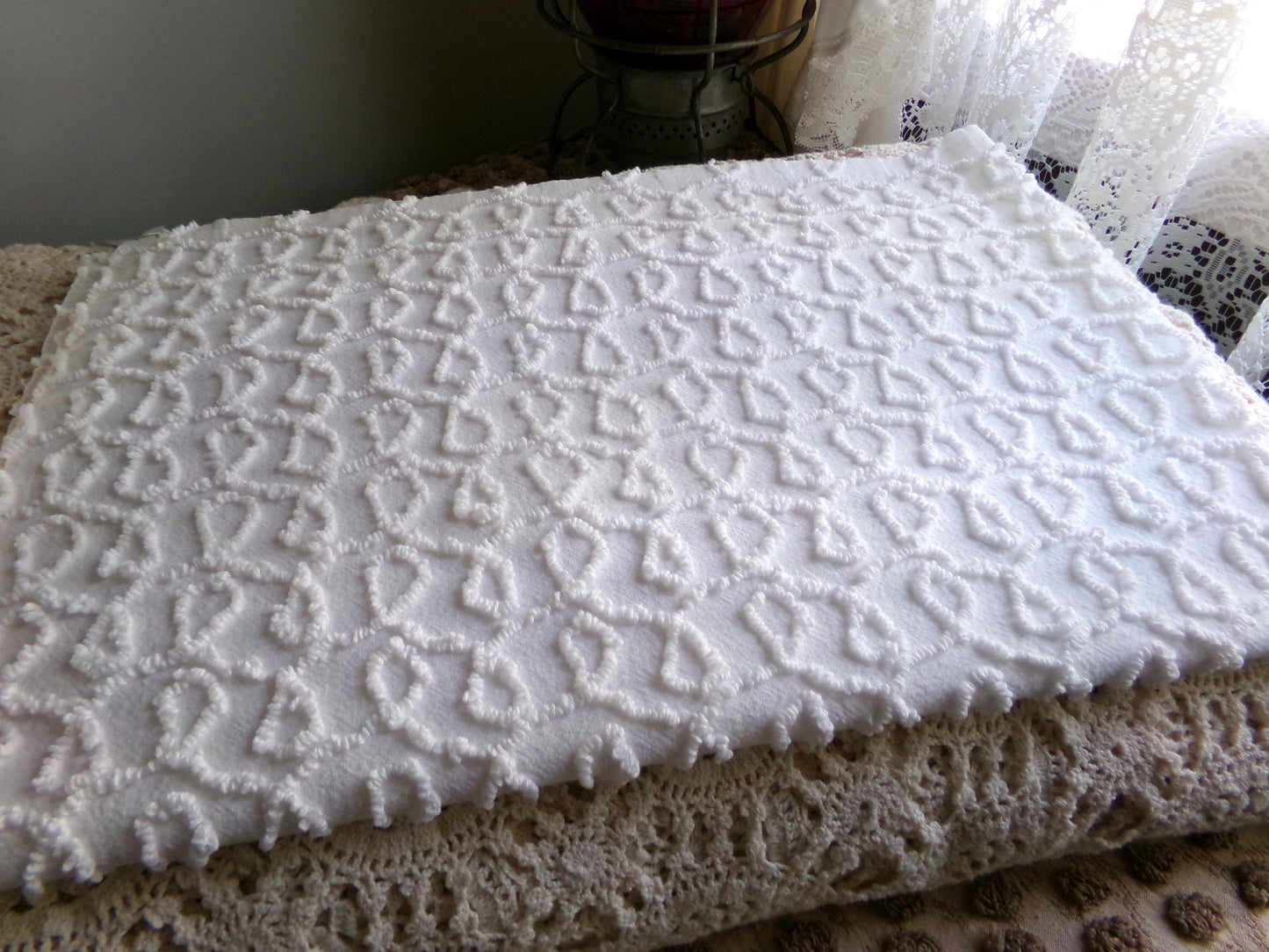 White Cursive Loops Texturized Chenille Material, 19" x 27" inch Needletuft Piece, Neutral Vintage Fabric for Handmade Quilts, DIY Pillows