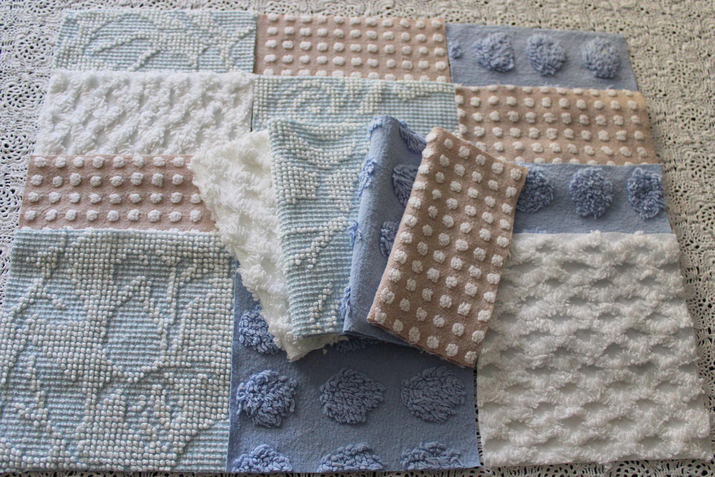 Serene Shores Vintage Chenille Fabric Squares, Blue, White & Sand Craft Square Set, 16 Blocks, 6" x 6" inch, Modern Chic