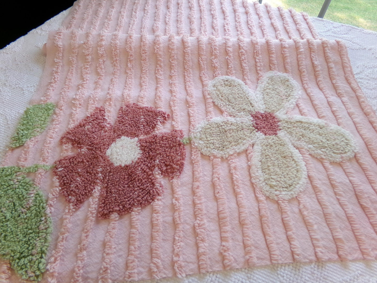 Love Pink Floral Vintage Chenille Fabric, Simple Climbing Daisy Flower Design, 28" x 20" Piece of Cotton Sewing Material for pillows, quilts