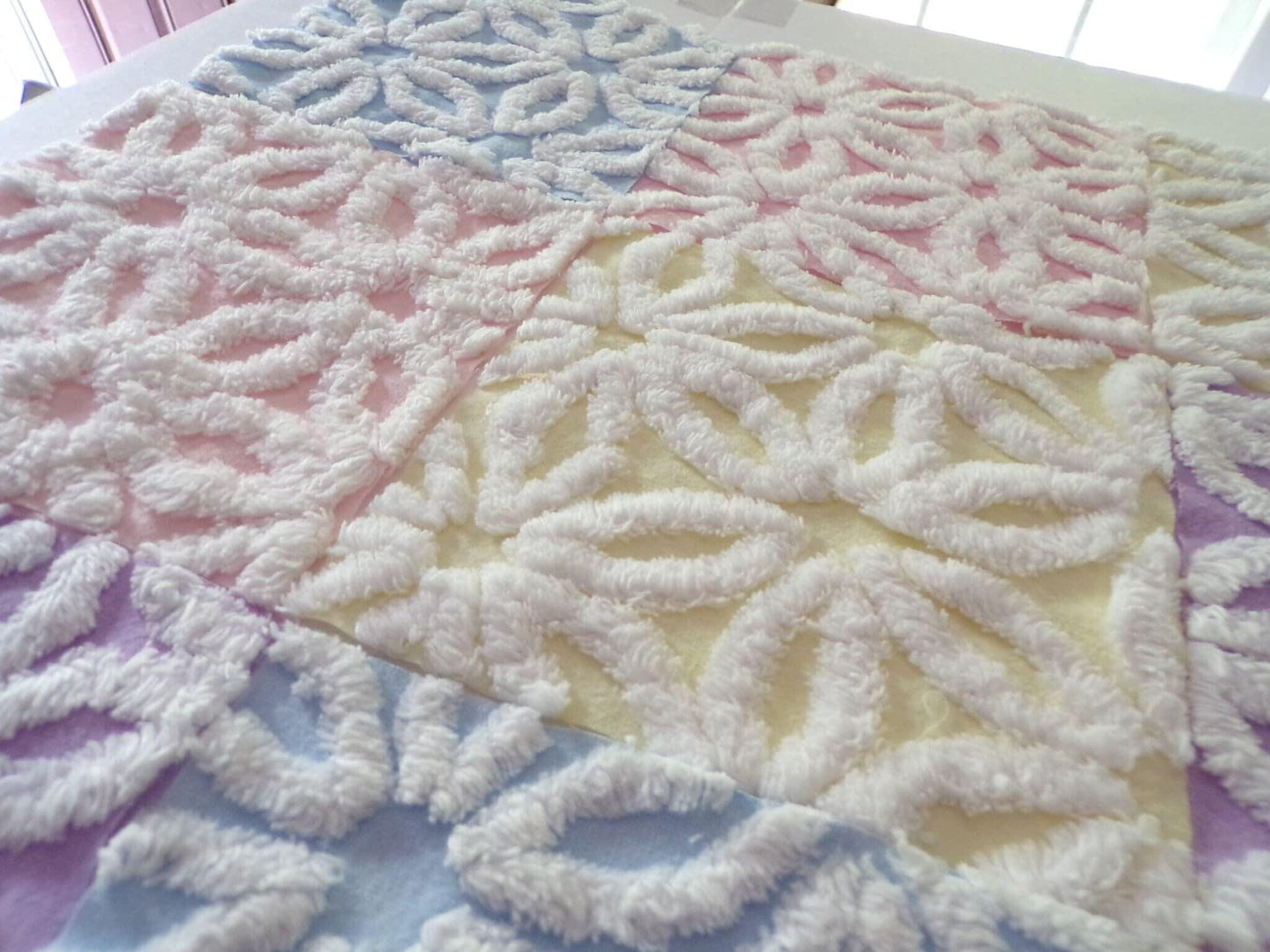 Rainbow Pastel Daisy Quilt Squares Set, Fluffy & Plush, from Vintage Chenille Bedspread Fabric, 16 Blocks, 6" x 6" inch