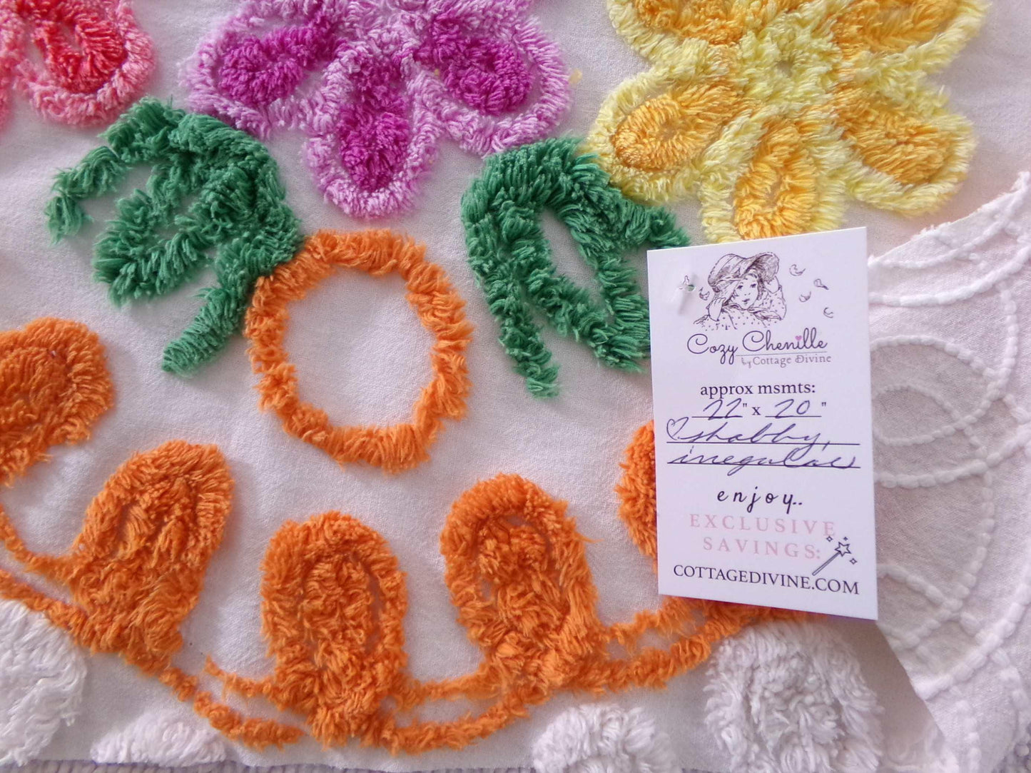 Vintage Chenille Bedspread Quilt Fabric Plush Citrus Orange Swirls & Flowers, 22" x 20" inch piece, Unique Design