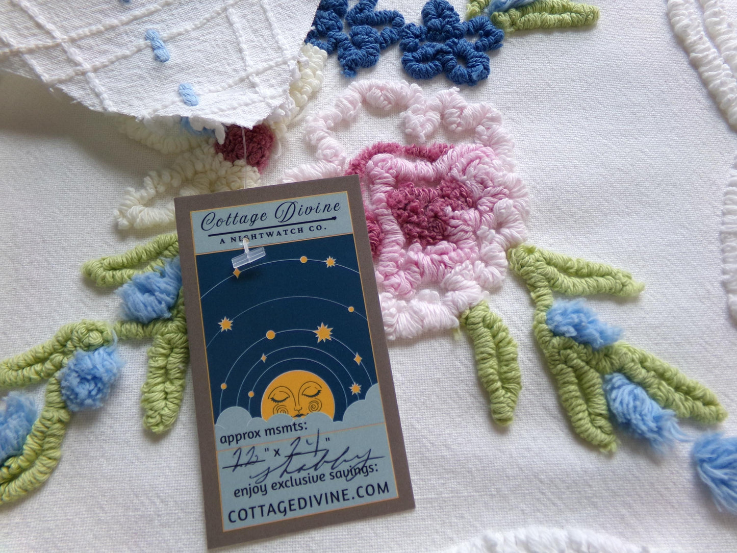 classic shabby style vintage chenille fabric, needletuft florals, blue pops, white cotton material, 22" x 24" piece for sewing, quilting