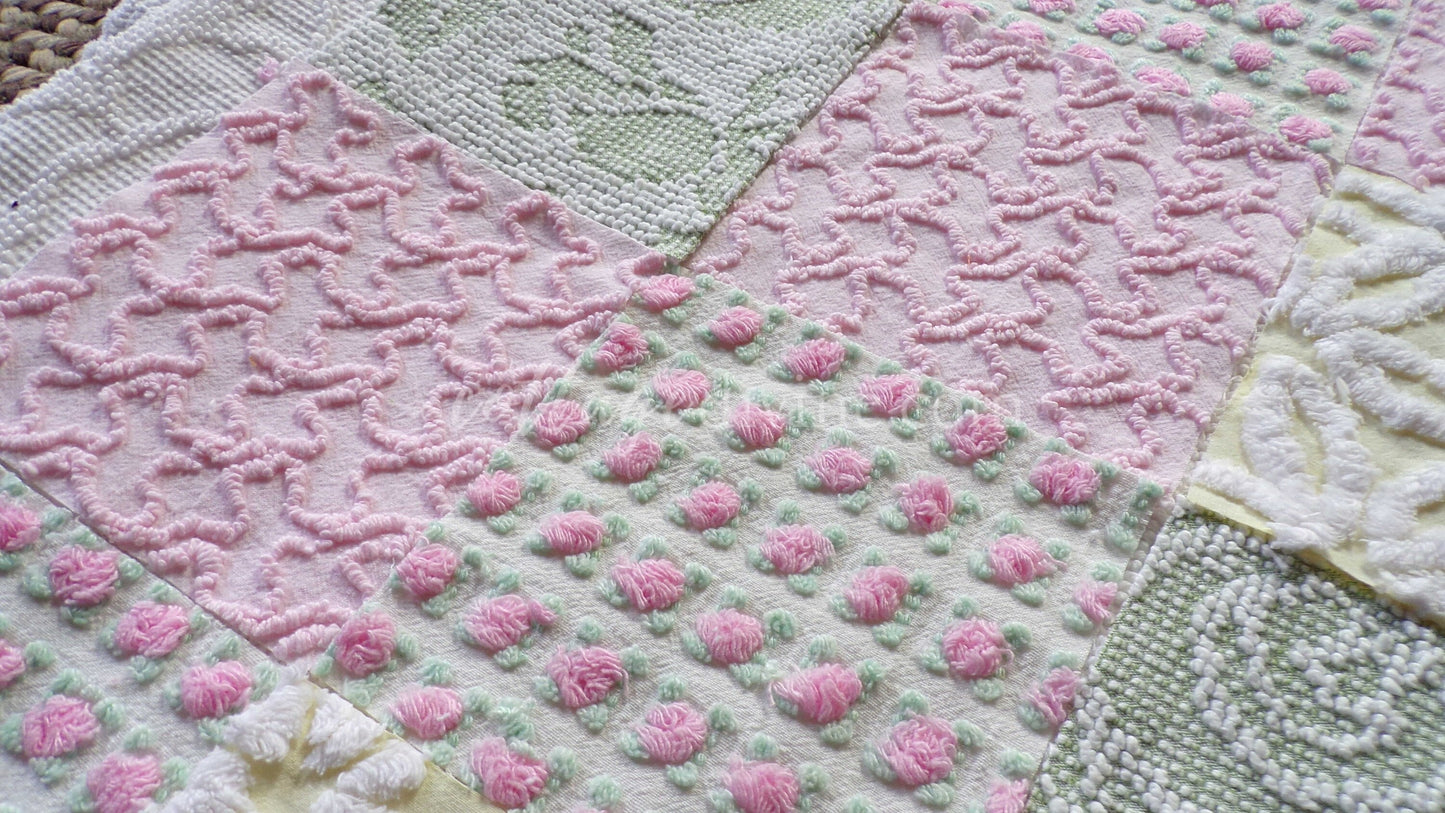 Fresh Flowers Chenille Quilt Squares Set from Vintage Bedspread Fabric, 17 Blocks, 6" x 6" inch
