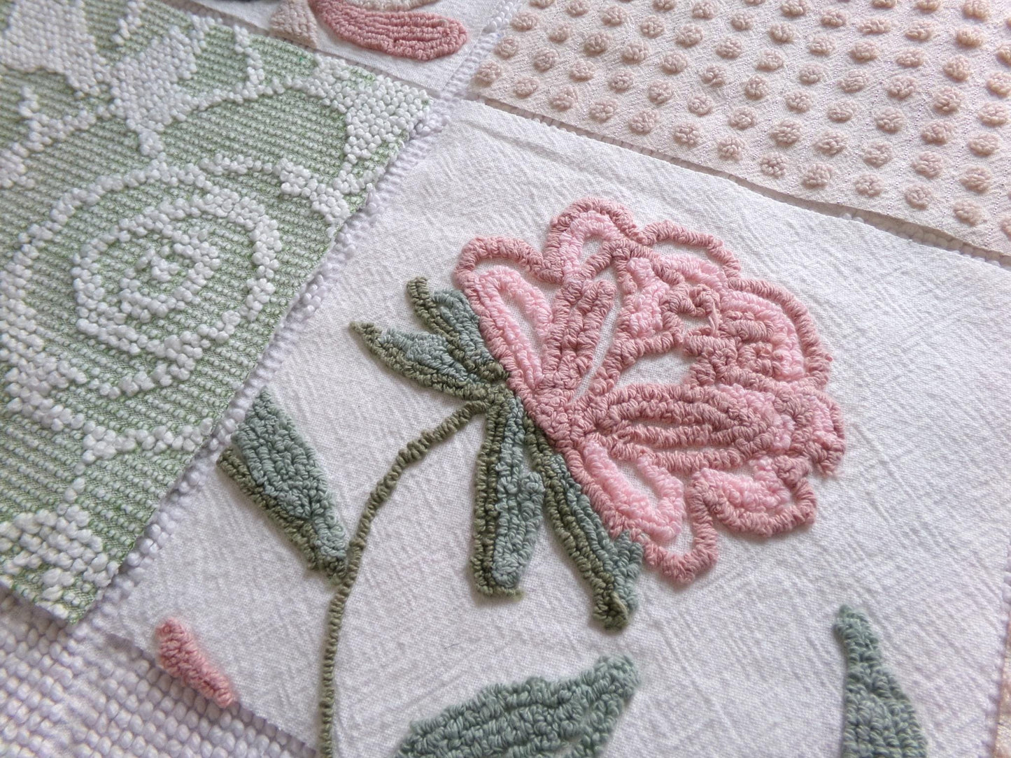 rose garden chenille fabric squares, set of 8 vintage 7.5" quilt blocks, neutrals & chic florals, for sewing, crafts, quilting