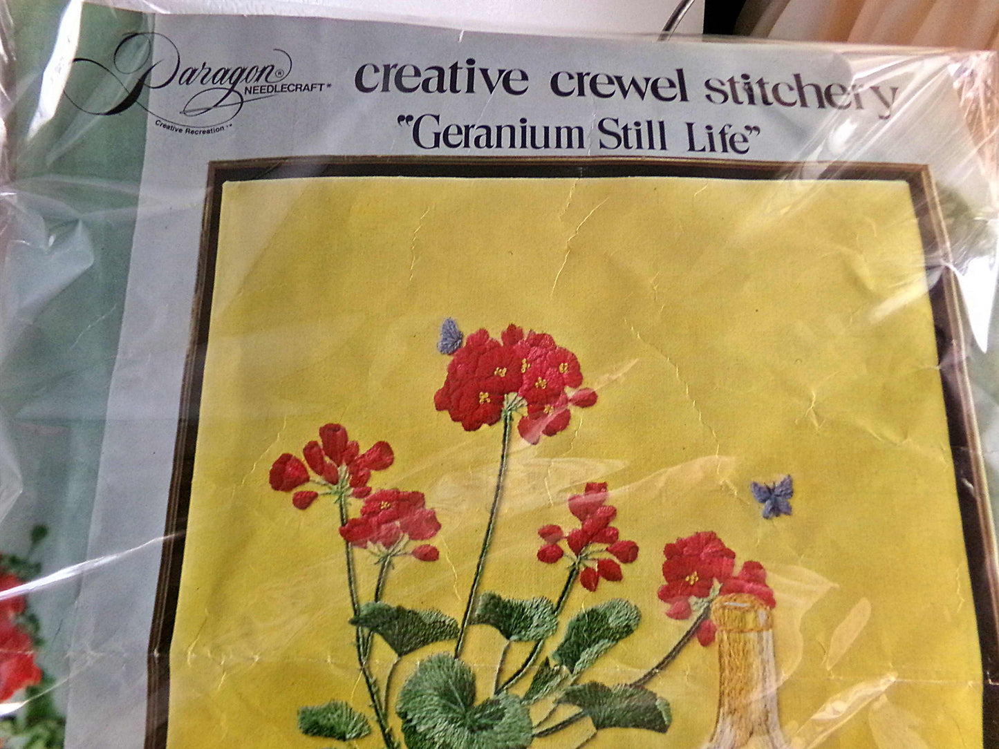 GERANIUM STILL LIFE Hippie 1970s Vintage Paragon Needlecraft Crewel Embroidery Stitchery Kit #02682X, Design by Carol & Don Henning