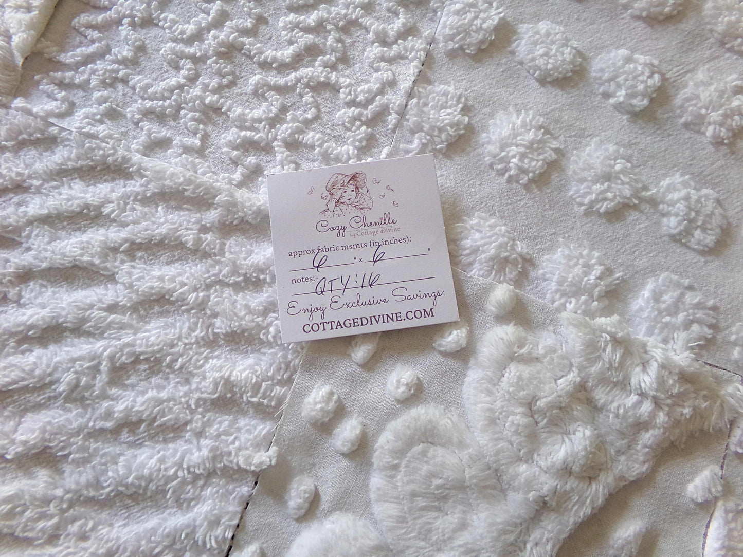 snow day white chenille fabric squares, 16 vintage 6" x 6" quilt blocks, pops, squiggles, diamond lattice & swirls
