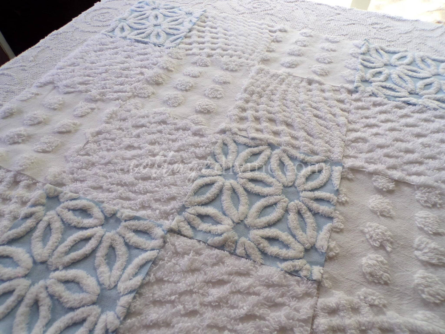 Coastal Chic Chenille Quilt Squares Set from Vintage Bedspread Fabric, 16 Blocks, 6" x 6" inch