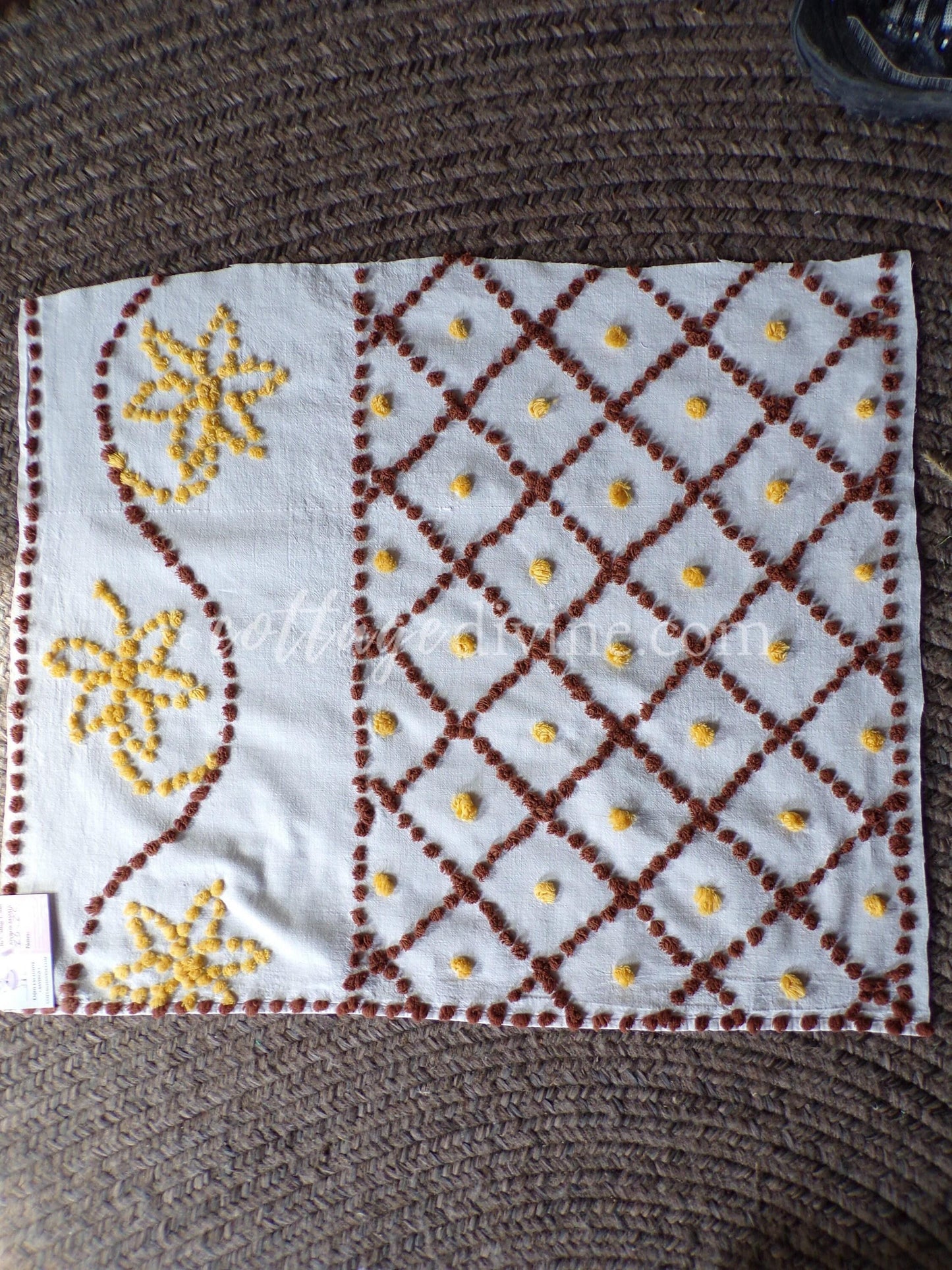 boho sunflower vintage chenille fabric, autumn gold & brown geometric florals on 100% cotton 22" x 28" cut piece