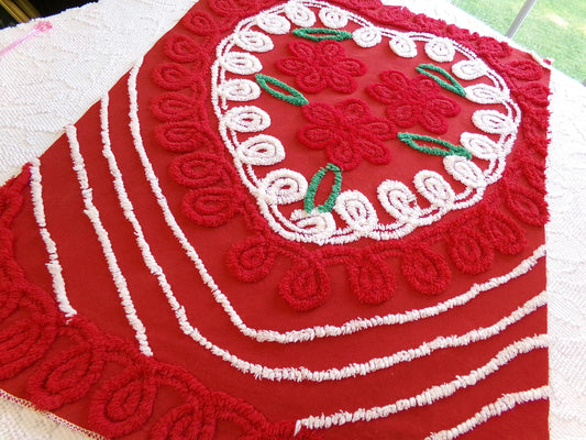 Christmas Heart Vintage Chenille Fabric, Festive Red & White for Crafts, Quilting, 20" x 25" Cut Piece