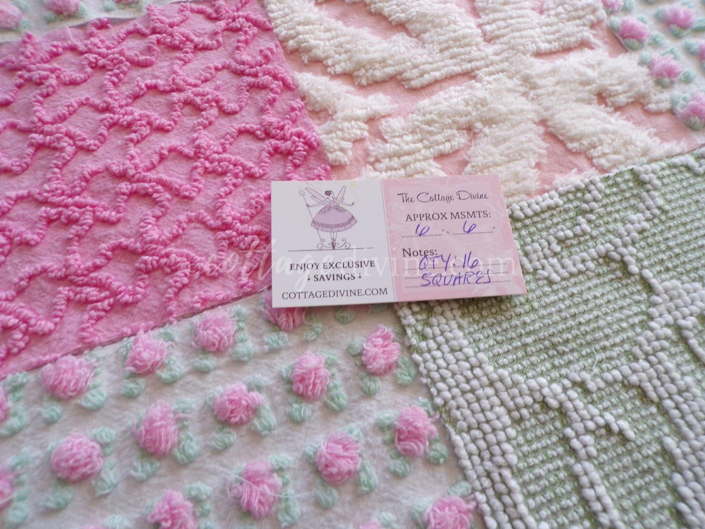 Spring Medley Vintage Quilt Squares Set from Chenille Bedspread Fabrics, 6" Blocks, Qty 16