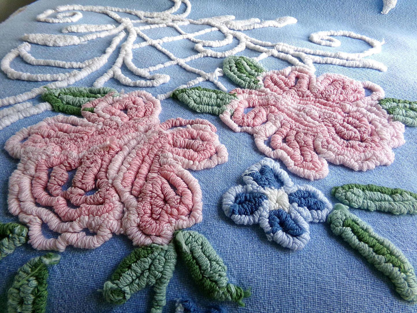 Most Beautiful Old Rose Vintage Chenille Fabric, 17.5" x 32" inch Piece, White Trellis & Scrollwork on Sky Blue Cotton, for Quilts, Pillows