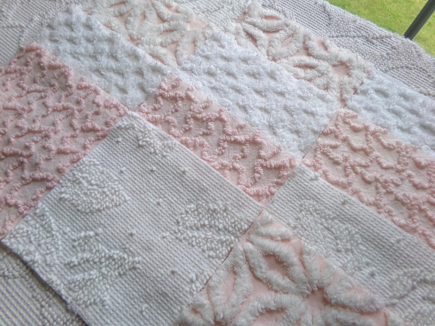 pink & white vintage 6" chenille squares, set of 12 quilt blocks in a lovely selection of popular patterns for sewing, crafts