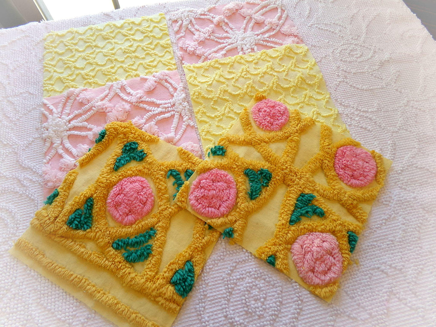 spring sun chenille fabric squares, 7.5" vintage quilt blocks, pink, gold, yellow floral & geometric, set of 6 for sewing, crafts, quilting