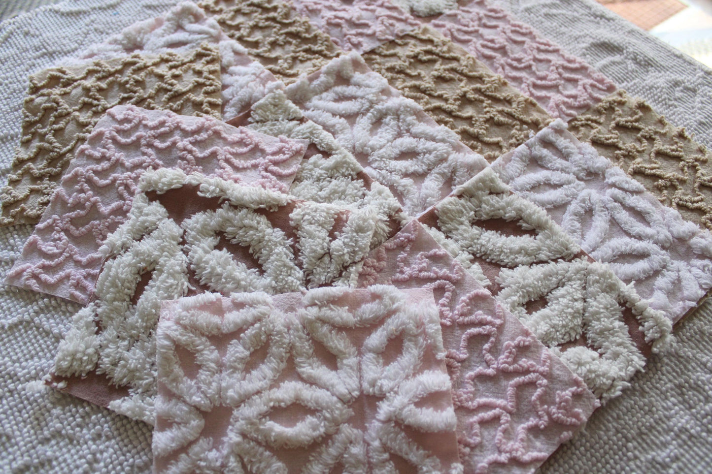 modern mocha pinks chenille fabric squares, set of 16 vintage quilt blocks 6" inches ea, daisy & squiggle texture