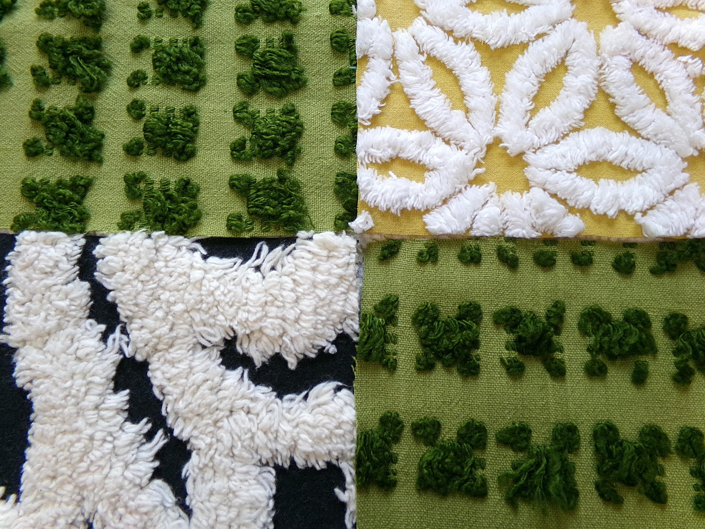 bewitching vintage chenille fabric squares, set of 16 black, green & gold 6" quilt blocks for crafts, sewing, diy pillow covers