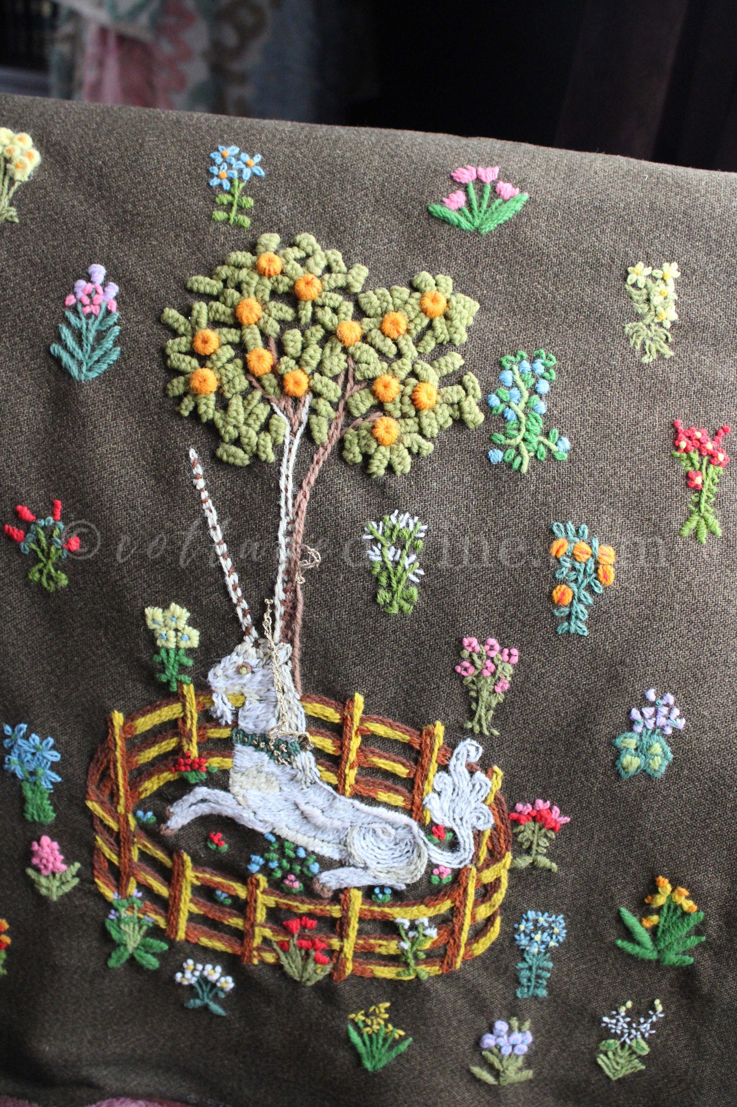 Unicorn in Captivity Completed Paragon Embroidery, Rare Crewel Stitchery, Medieval Old World Tapestry Style Adaptation