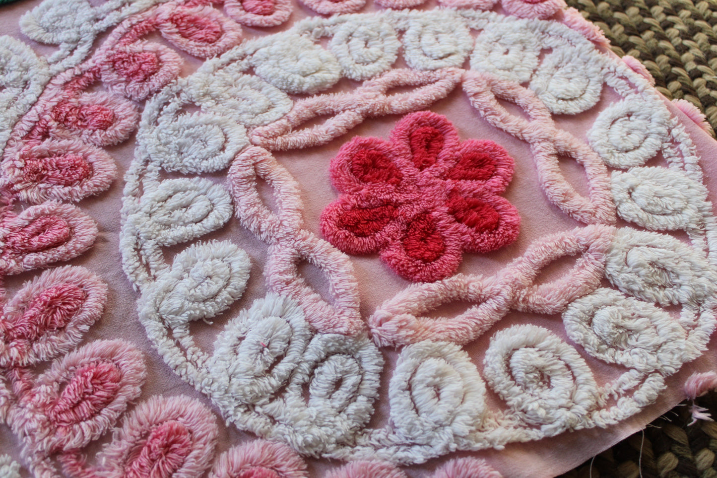 Yummy Strawberry Cake Vintage Chenille FABRIC, 32" x 17" Inch Piece, Swirls & Twirls of Frosted Tufts