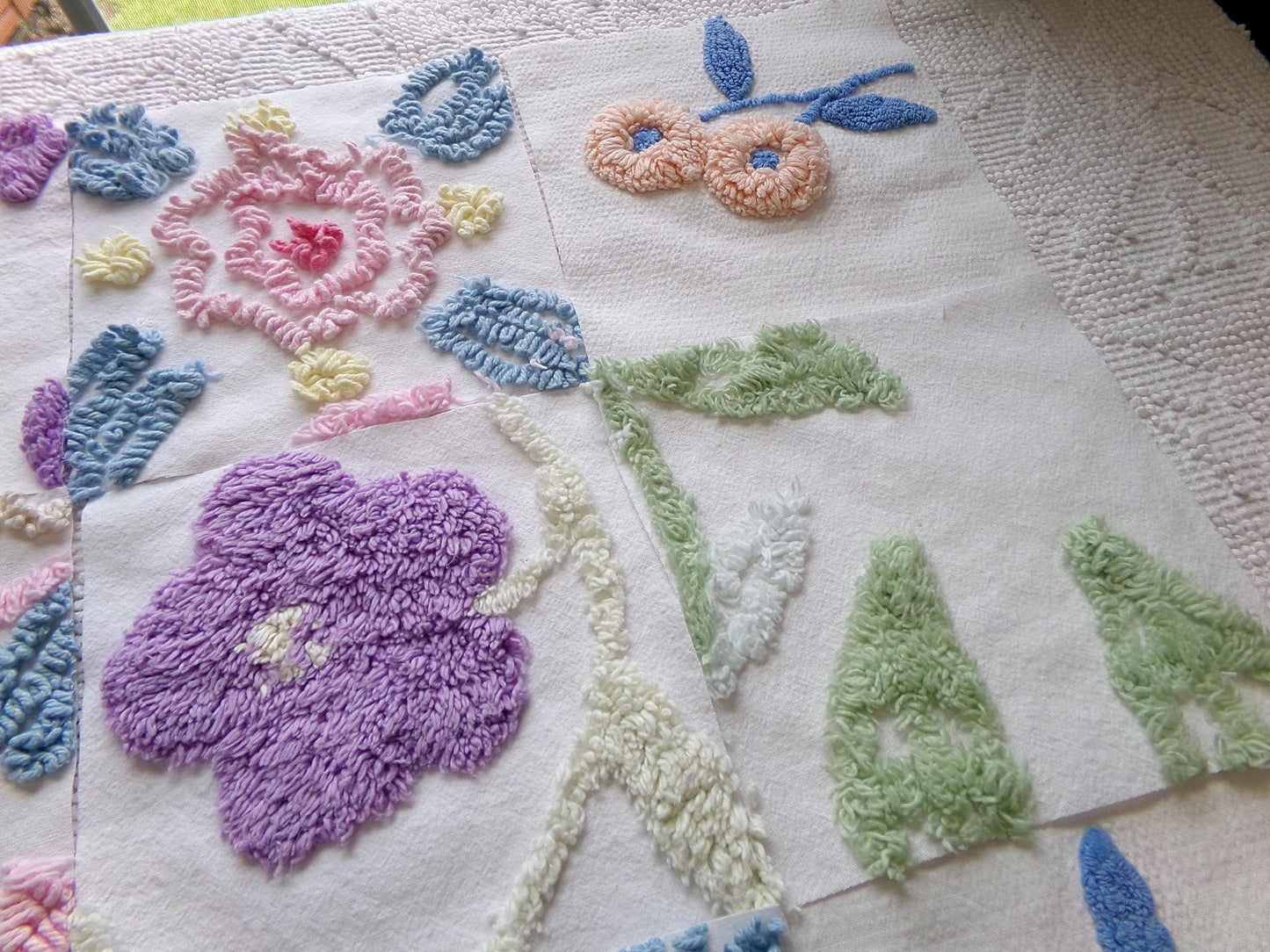 shabby floral vintage chenille fabric squares: spring flowers set of 16 floral 6" quilt blocks
